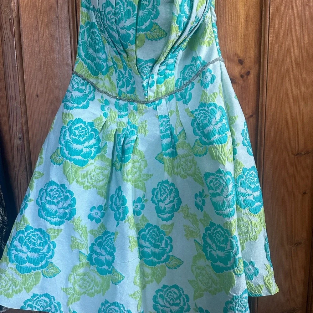Boutique Dress- Sz M a-line strapless teal and lime green. NWT - Picture 4 of 6